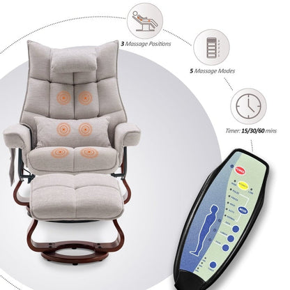 Poltrona reclinabile girevole MCombo con pouf e cuscino per il collo, tessuto in ciniglia