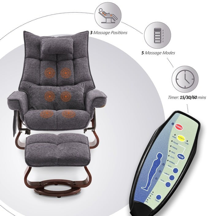 Poltrona reclinabile girevole MCombo con pouf e cuscino per il collo, tessuto in ciniglia