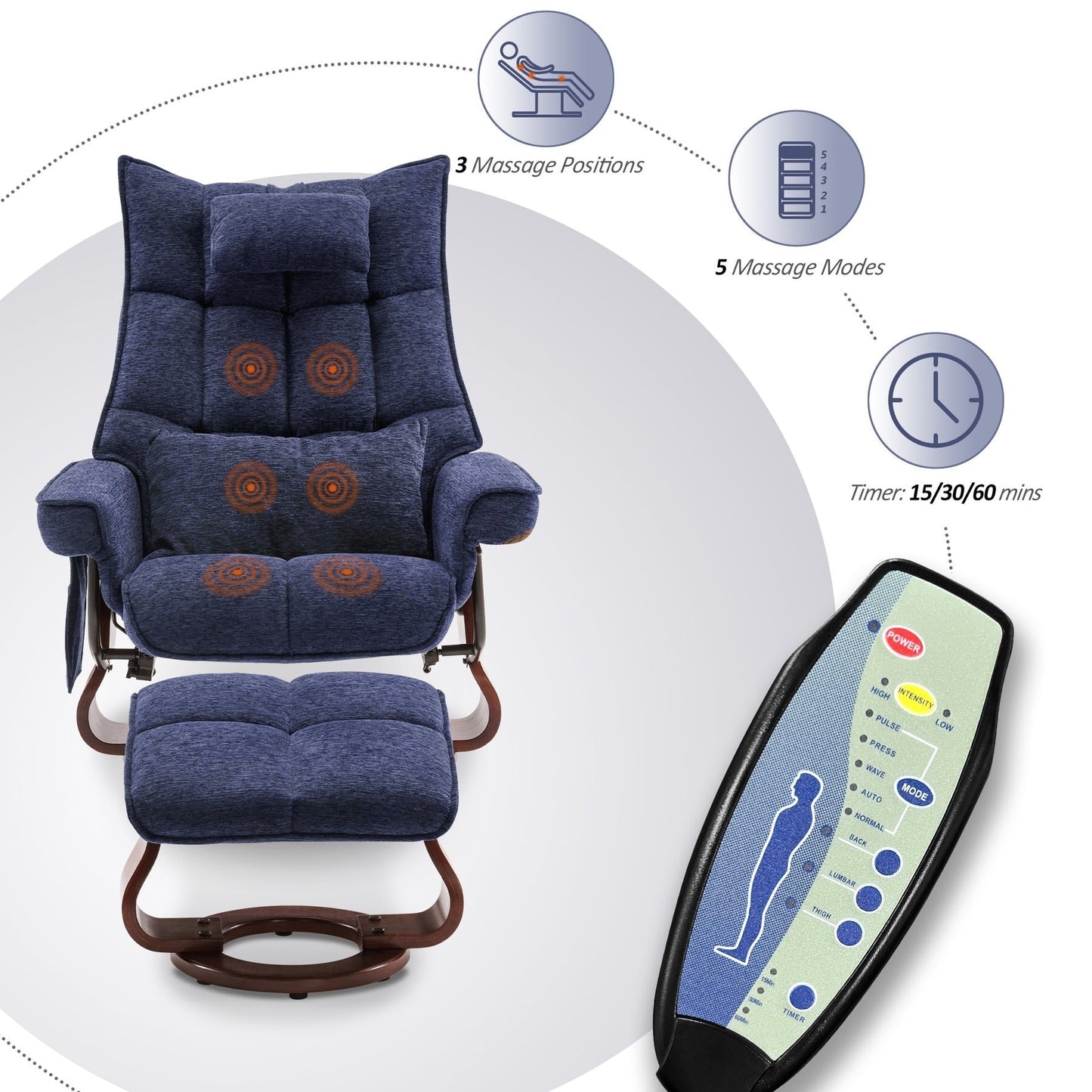 Poltrona reclinabile girevole MCombo con pouf e cuscino per il collo, tessuto in ciniglia