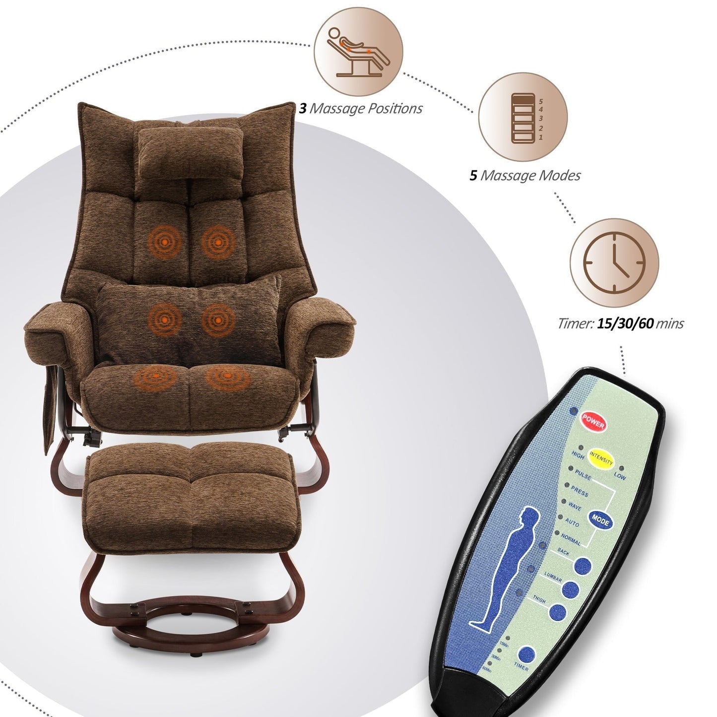 Poltrona reclinabile girevole MCombo con pouf e cuscino per il collo, tessuto in ciniglia