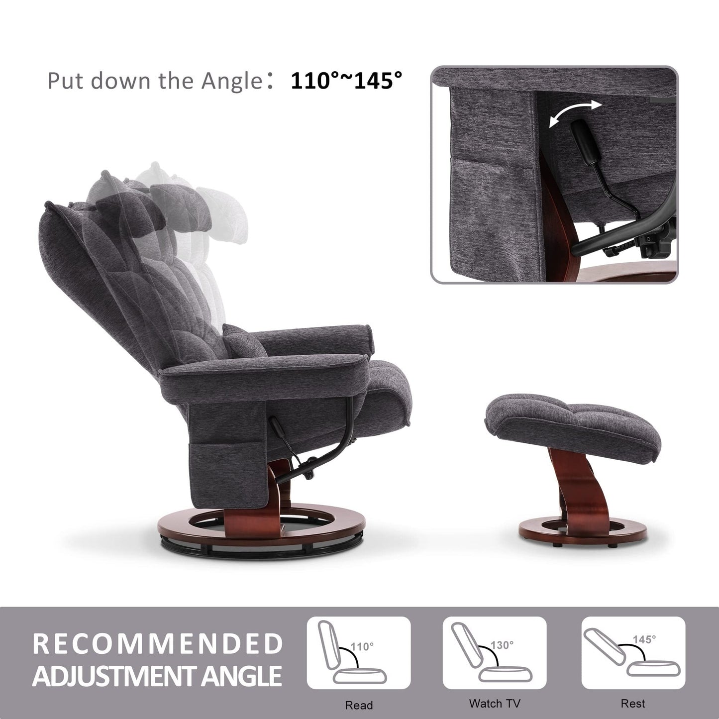 Poltrona reclinabile girevole MCombo con pouf e cuscino per il collo, tessuto in ciniglia