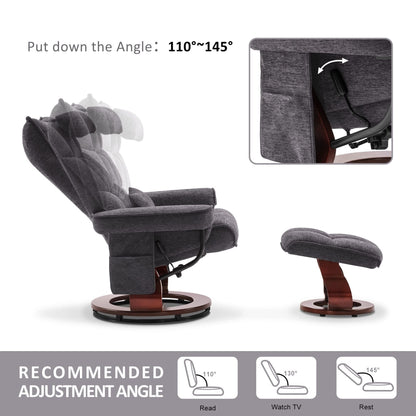 Poltrona reclinabile girevole MCombo con pouf e cuscino per il collo, tessuto in ciniglia