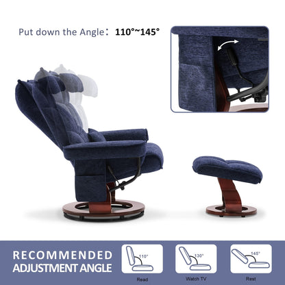 Poltrona reclinabile girevole MCombo con pouf e cuscino per il collo, tessuto in ciniglia