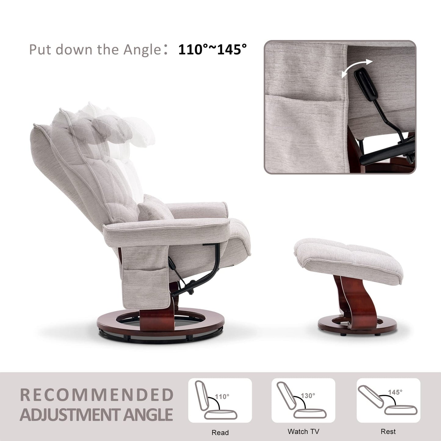 Poltrona reclinabile girevole MCombo con pouf e cuscino per il collo, tessuto in ciniglia
