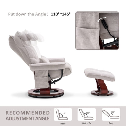 Poltrona reclinabile girevole MCombo con pouf e cuscino per il collo, tessuto in ciniglia