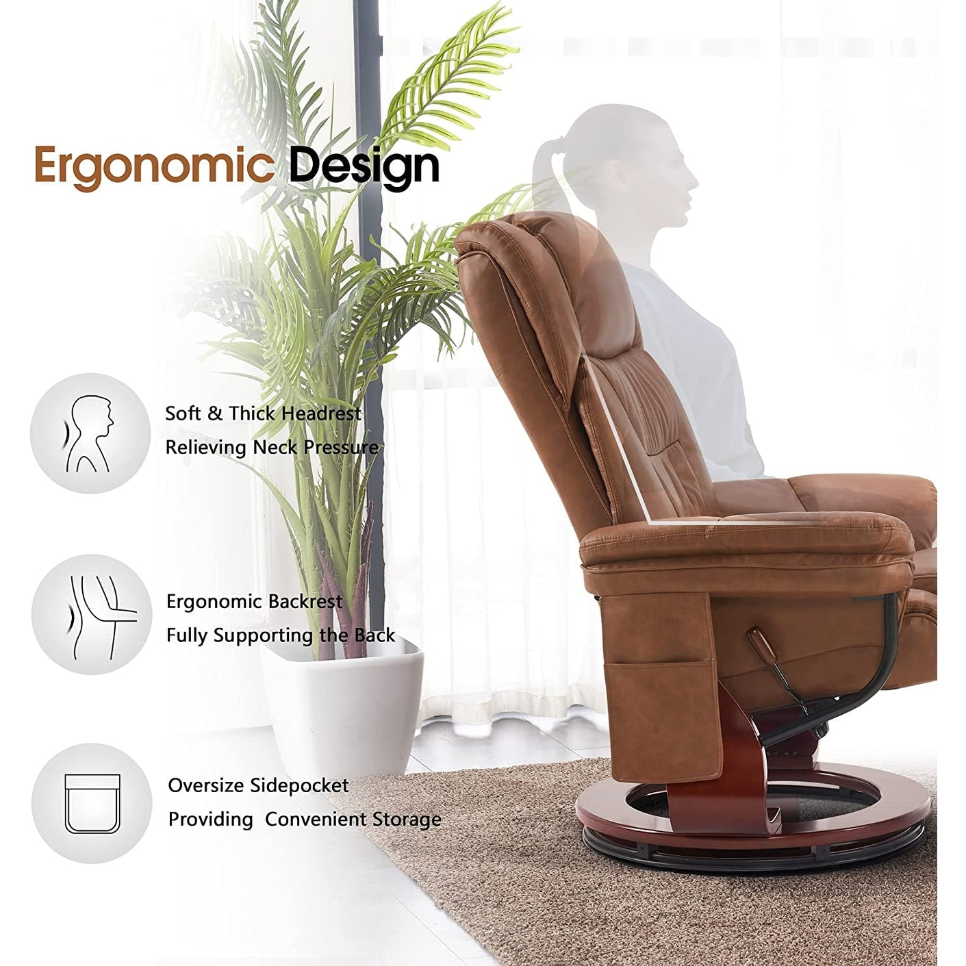 Poltrone reclinabili girevoli MCombo con poggiapiedi, poltrone TV con massaggio vibrante e tasca laterale