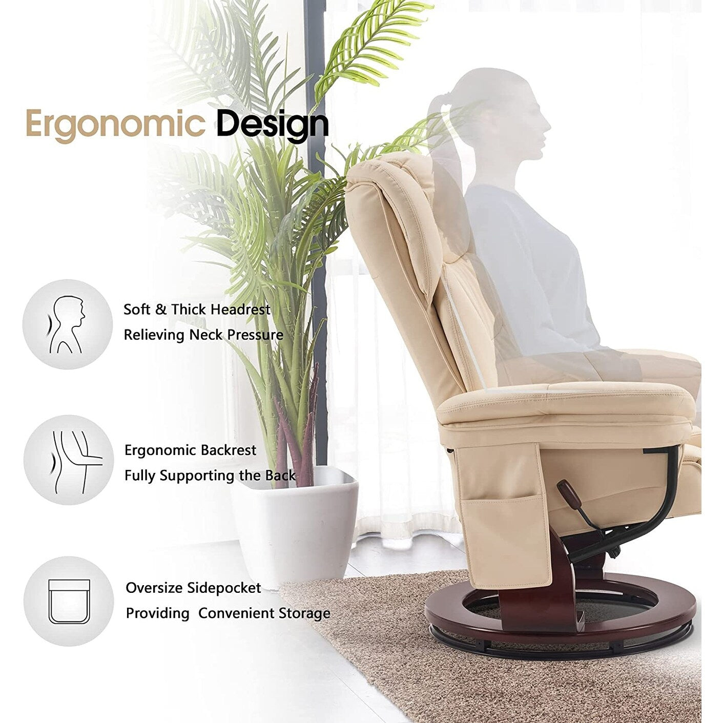 Poltrone reclinabili girevoli MCombo con poggiapiedi, poltrone TV con massaggio vibrante e tasca laterale