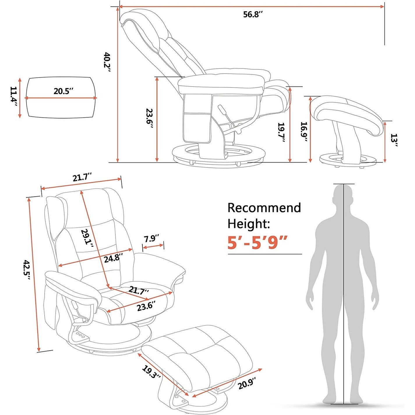 Poltrone reclinabili girevoli MCombo con poggiapiedi, poltrone TV con massaggio vibrante e tasca laterale