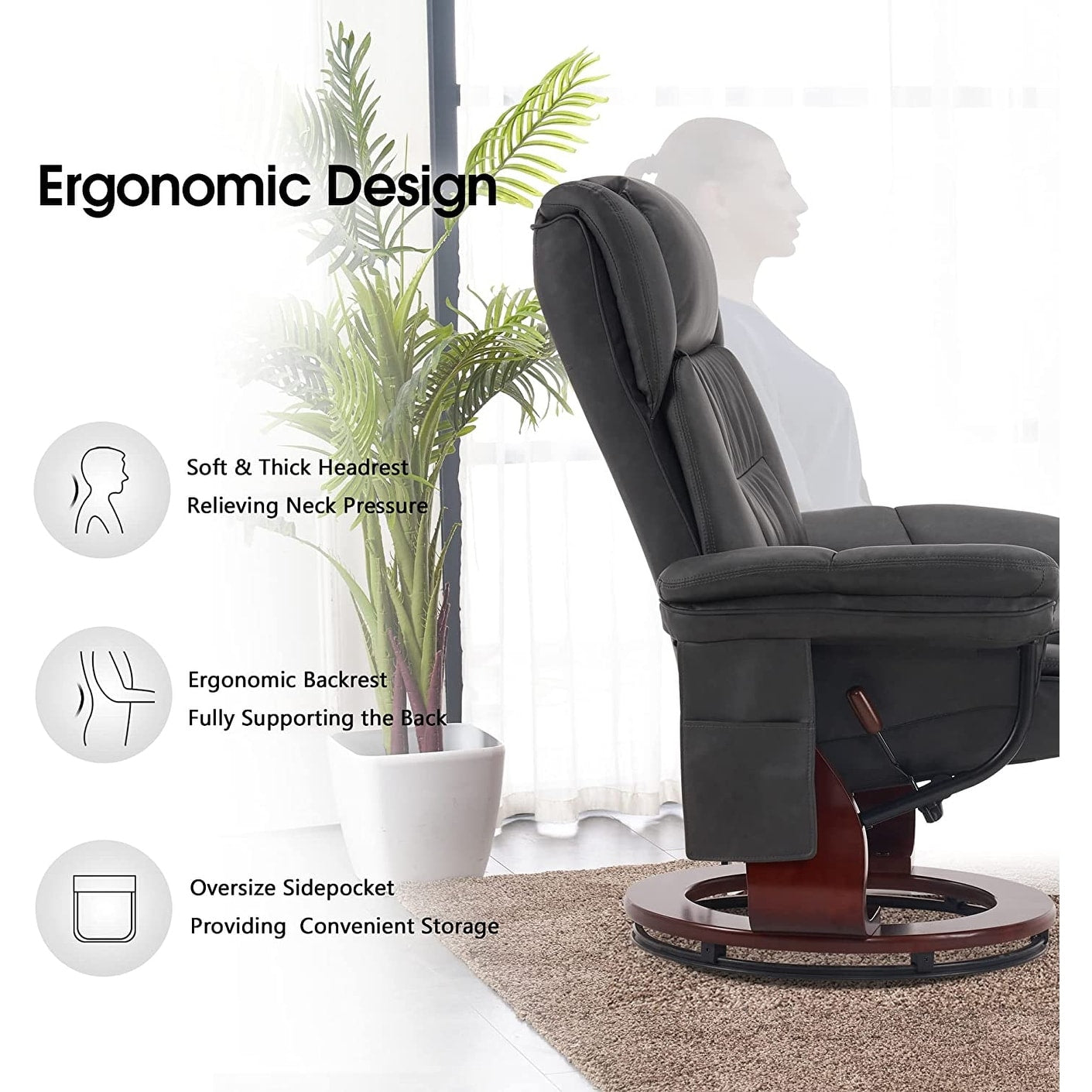 Poltrone reclinabili girevoli MCombo con poggiapiedi, poltrone TV con massaggio vibrante e tasca laterale