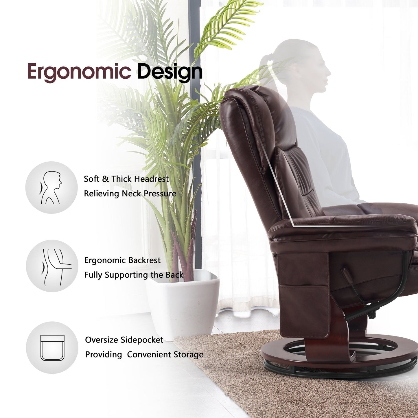 Poltrone reclinabili girevoli MCombo con poggiapiedi, poltrone TV con massaggio vibrante e tasca laterale