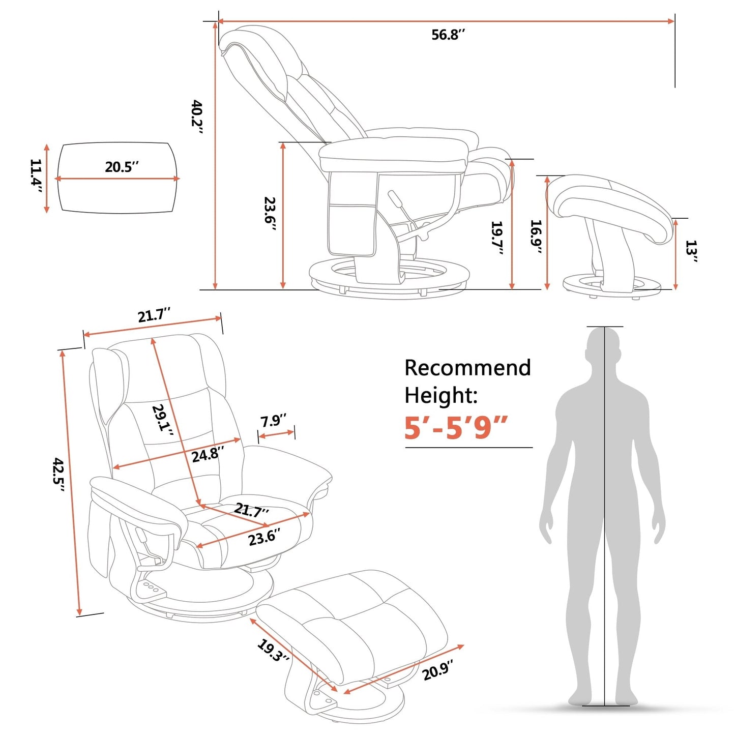 Poltrone reclinabili girevoli MCombo con poggiapiedi, poltrone TV con massaggio vibrante e tasca laterale