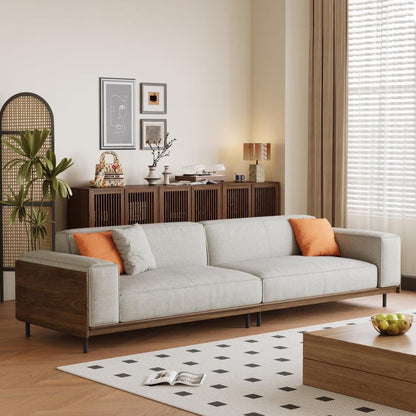 Divano a 4 posti in stile moderno di metà secolo, rivestimento in cotone e lino color noce, fodere rimovibili e lavabili, cuscini profondi con guanciali