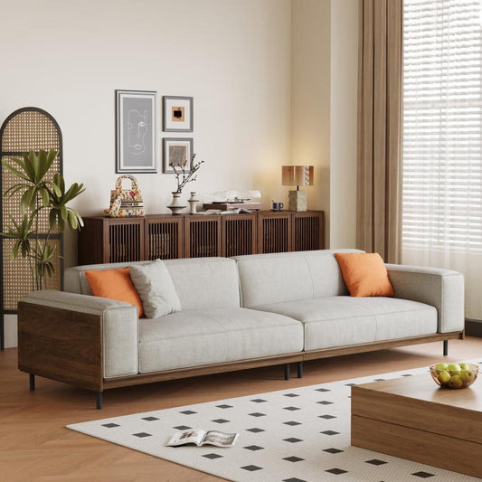 Divano a 4 posti in stile moderno di metà secolo, rivestimento in cotone e lino color noce, fodere rimovibili e lavabili, cuscini profondi con guanciali