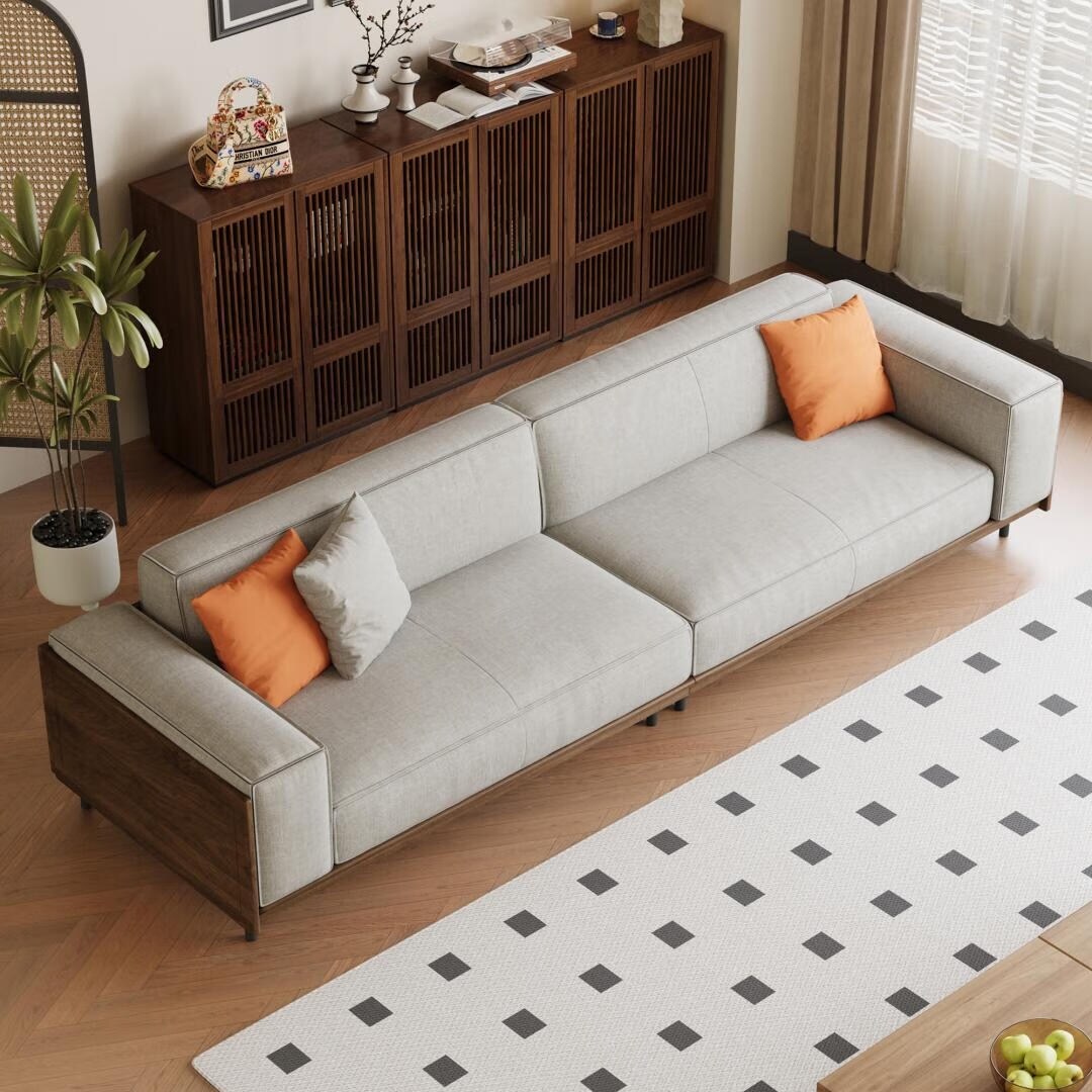 Divano a 4 posti in stile moderno di metà secolo, rivestimento in cotone e lino color noce, fodere rimovibili e lavabili, cuscini profondi con guanciali