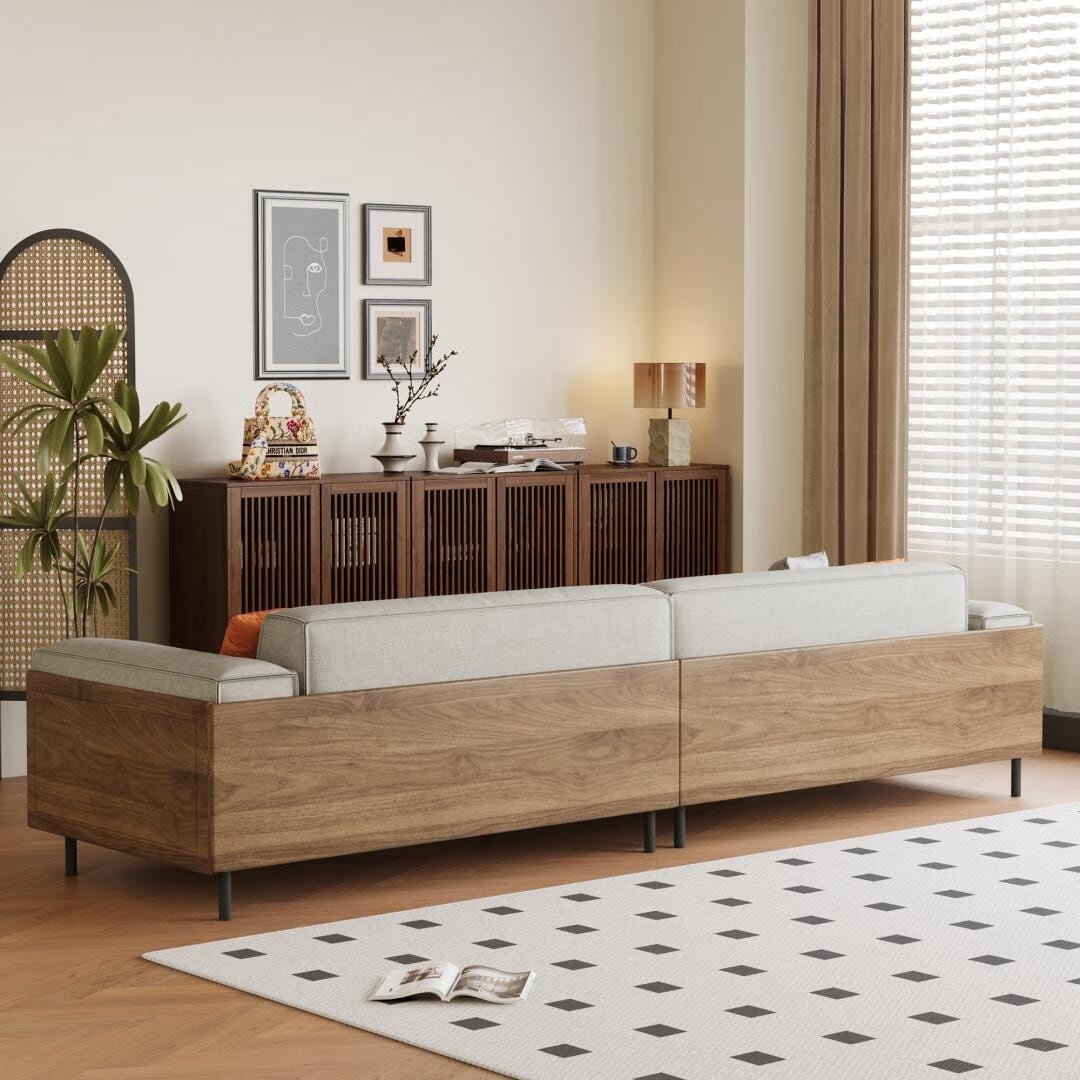 Divano a 4 posti in stile moderno di metà secolo, rivestimento in cotone e lino color noce, fodere rimovibili e lavabili, cuscini profondi con guanciali