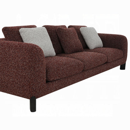 Divano Meru con 3 cuscini decorativi, tessuto tweed rosso bordeaux, 109 pollici