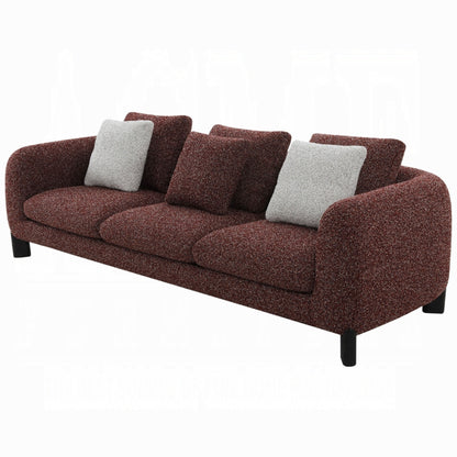 Divano Meru con 3 cuscini decorativi, tessuto tweed rosso bordeaux, 109 pollici