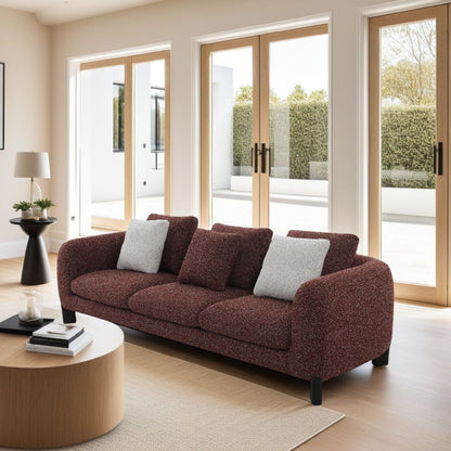 Divano Meru con 3 cuscini decorativi, tessuto tweed rosso bordeaux, 109 pollici