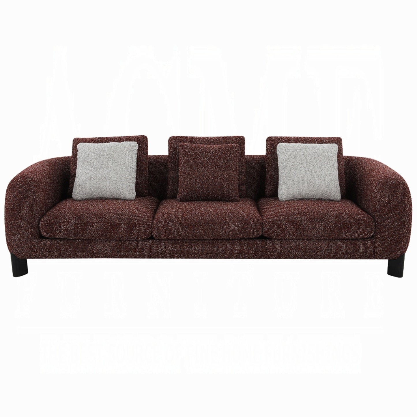 Divano Meru con 3 cuscini decorativi, tessuto tweed rosso bordeaux, 109 pollici