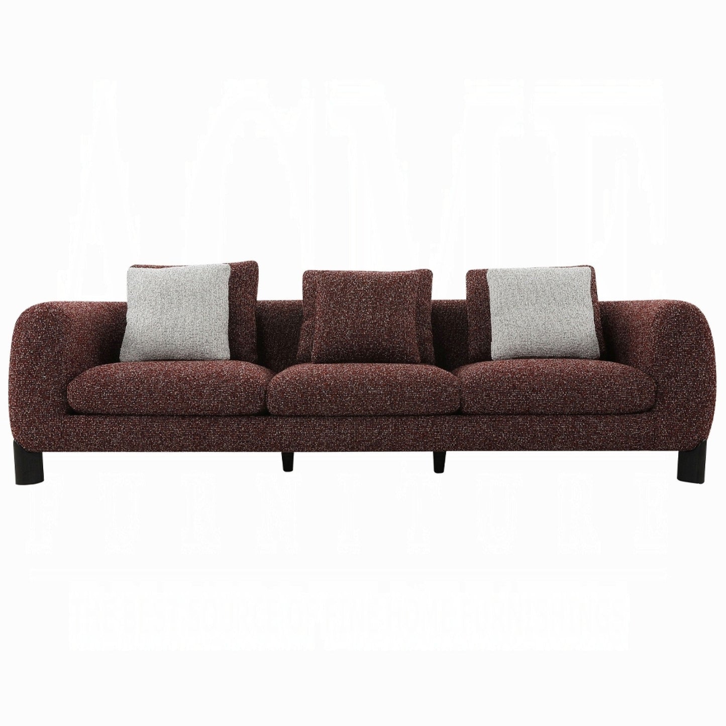Divano Meru con 3 cuscini decorativi, tessuto tweed rosso bordeaux, 109 pollici