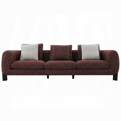 Divano Meru con 3 cuscini decorativi, tessuto tweed rosso bordeaux, 109 pollici
