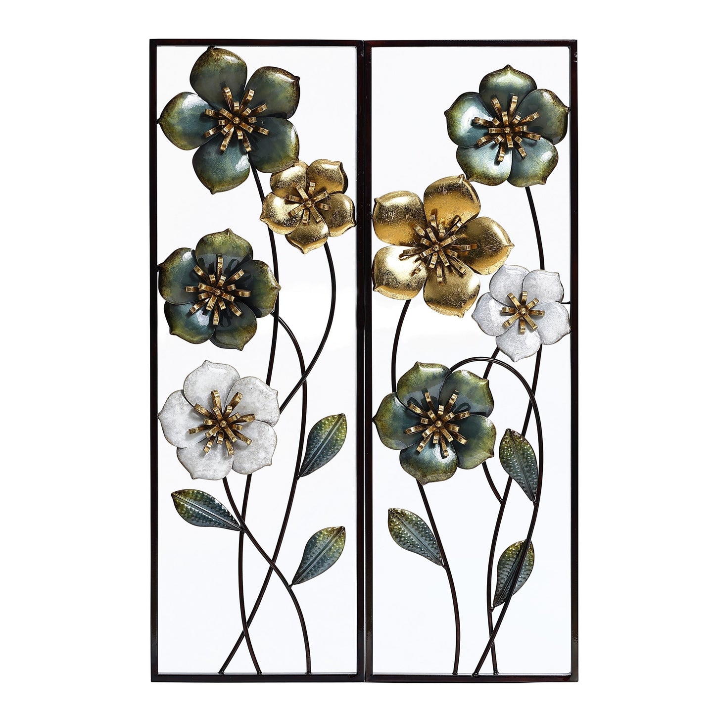Decorazione da parete con fiori selvatici in metallo verde, bianco e oro (set da 2)