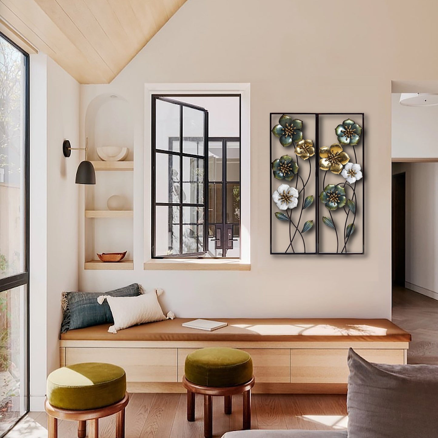 Decorazione da parete con fiori selvatici in metallo verde, bianco e oro (set da 2)