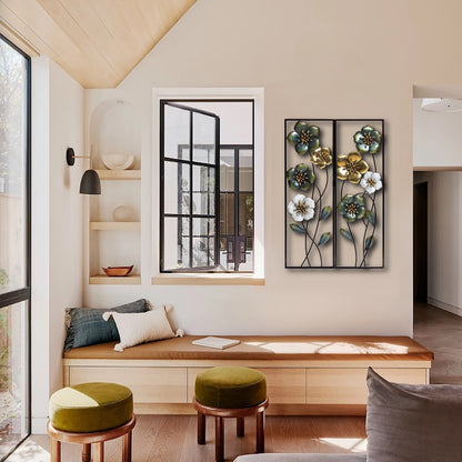 Decorazione da parete con fiori selvatici in metallo verde, bianco e oro (set da 2)