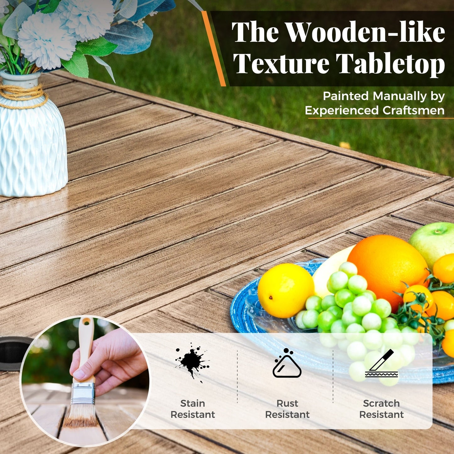 Set da pranzo da esterno in metallo per 8 persone con tavolo quadrato e sedie fisse e girevoli imbottite resistenti, set di mobili da giardino (beige)