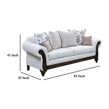 Divano Mezia, ciniglia beige, marrone noce, 6 cuscini decorativi, 94 pollici