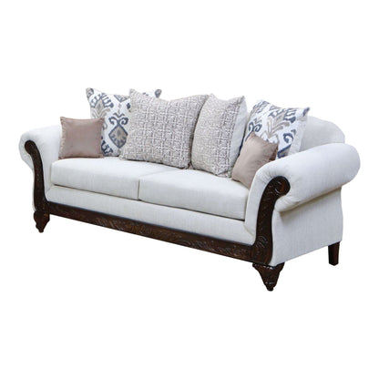 Divano Mezia, ciniglia beige, marrone noce, 6 cuscini decorativi, 94 pollici