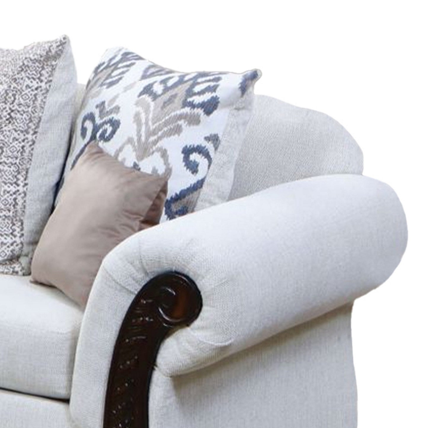 Divano Mezia, ciniglia beige, marrone noce, 6 cuscini decorativi, 94 pollici