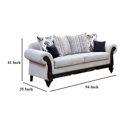 Divano Mezia, ciniglia grigia, 6 cuscini, legno massello nero, 94 pollici