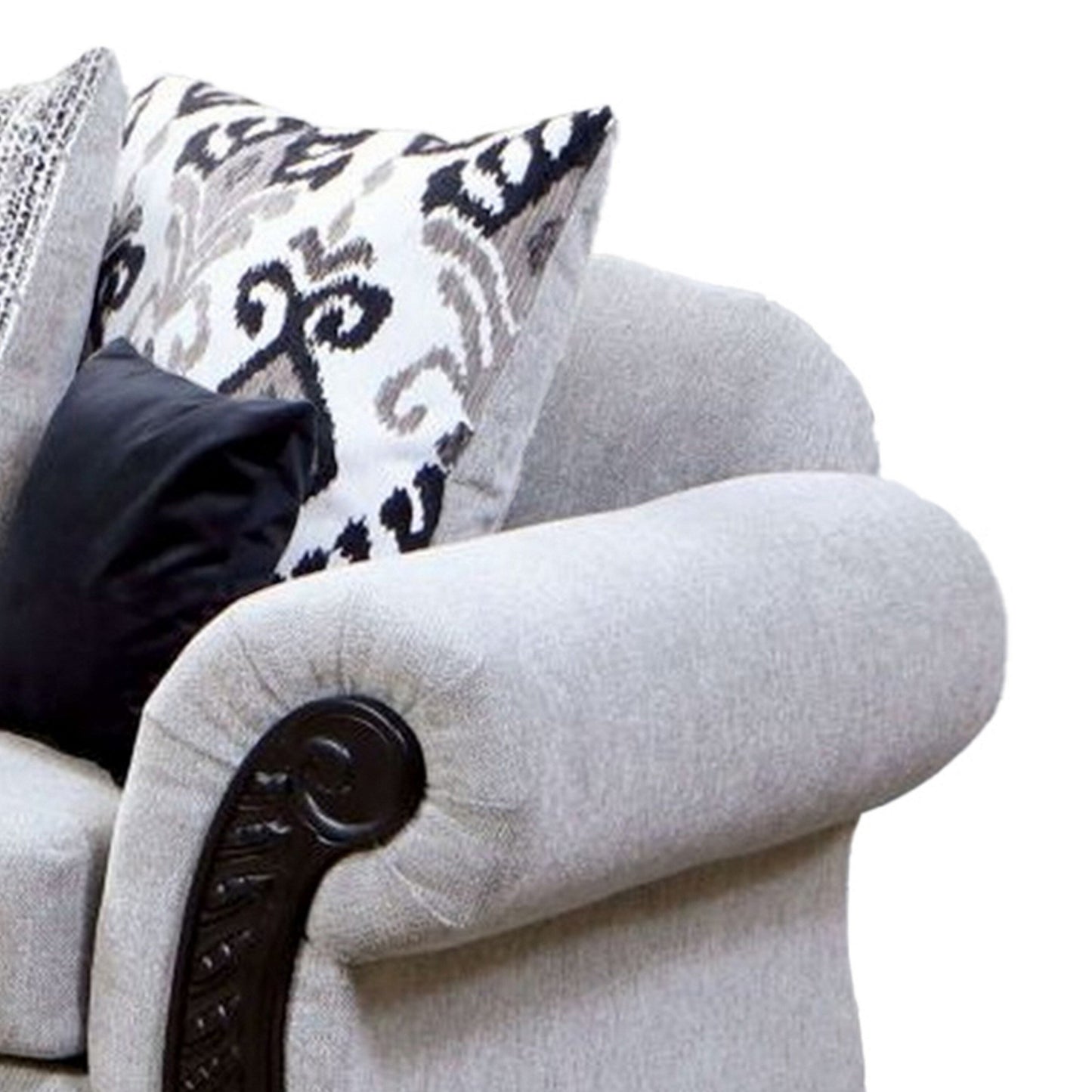 Divano Mezia, ciniglia grigia, 6 cuscini, legno massello nero, 94 pollici