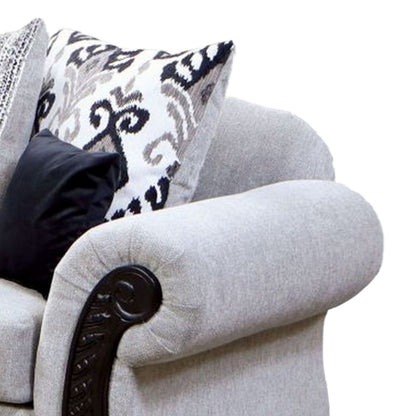 Divano Mezia, ciniglia grigia, 6 cuscini, legno massello nero, 94 pollici