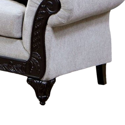 Divano Mezia, ciniglia grigia, 6 cuscini, legno massello nero, 94 pollici