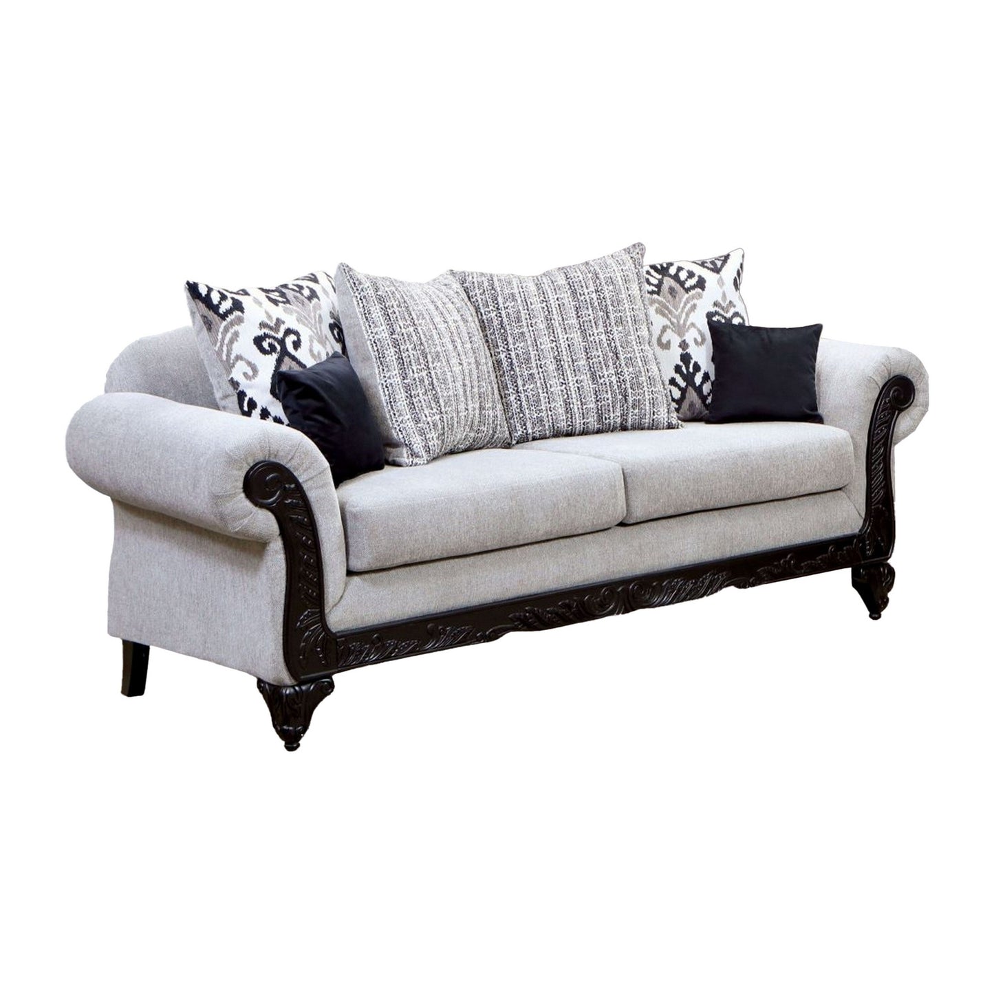 Divano Mezia, ciniglia grigia, 6 cuscini, legno massello nero, 94 pollici