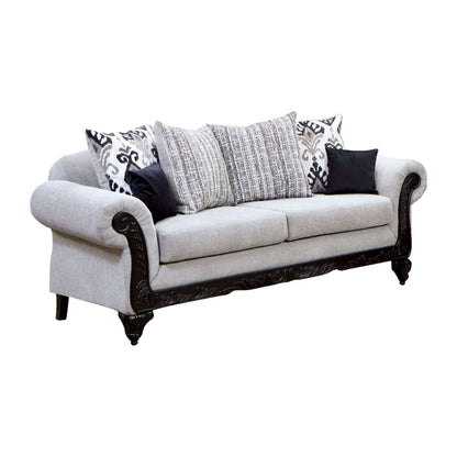 Divano Mezia, ciniglia grigia, 6 cuscini, legno massello nero, 94 pollici