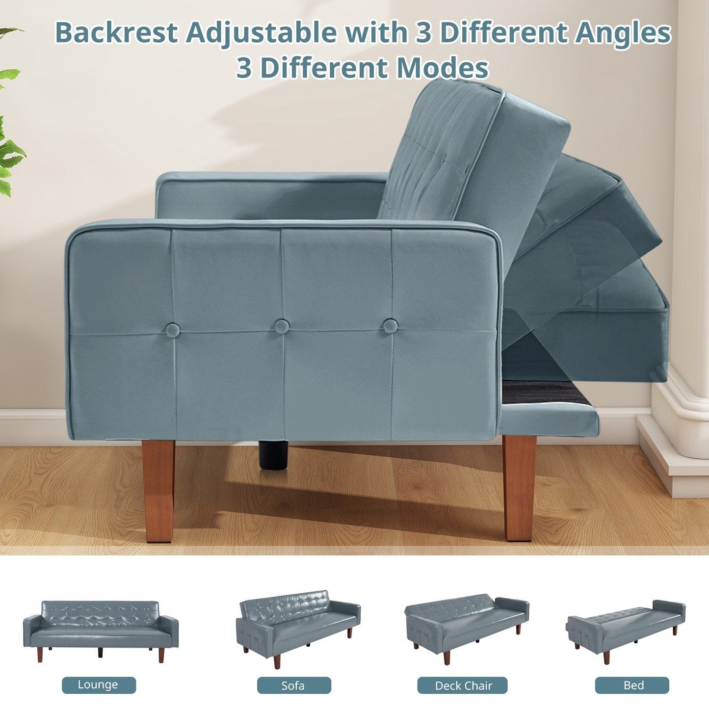 Divano letto futon in similpelle da 74" di metà secolo, divano trapuntato a bottoni, 3 posti, per soggiorno, camera da letto