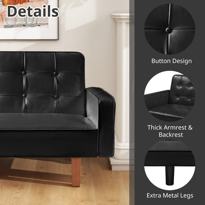 Divano letto futon in similpelle da 74" di metà secolo, divano trapuntato a bottoni, 3 posti, per soggiorno, camera da letto