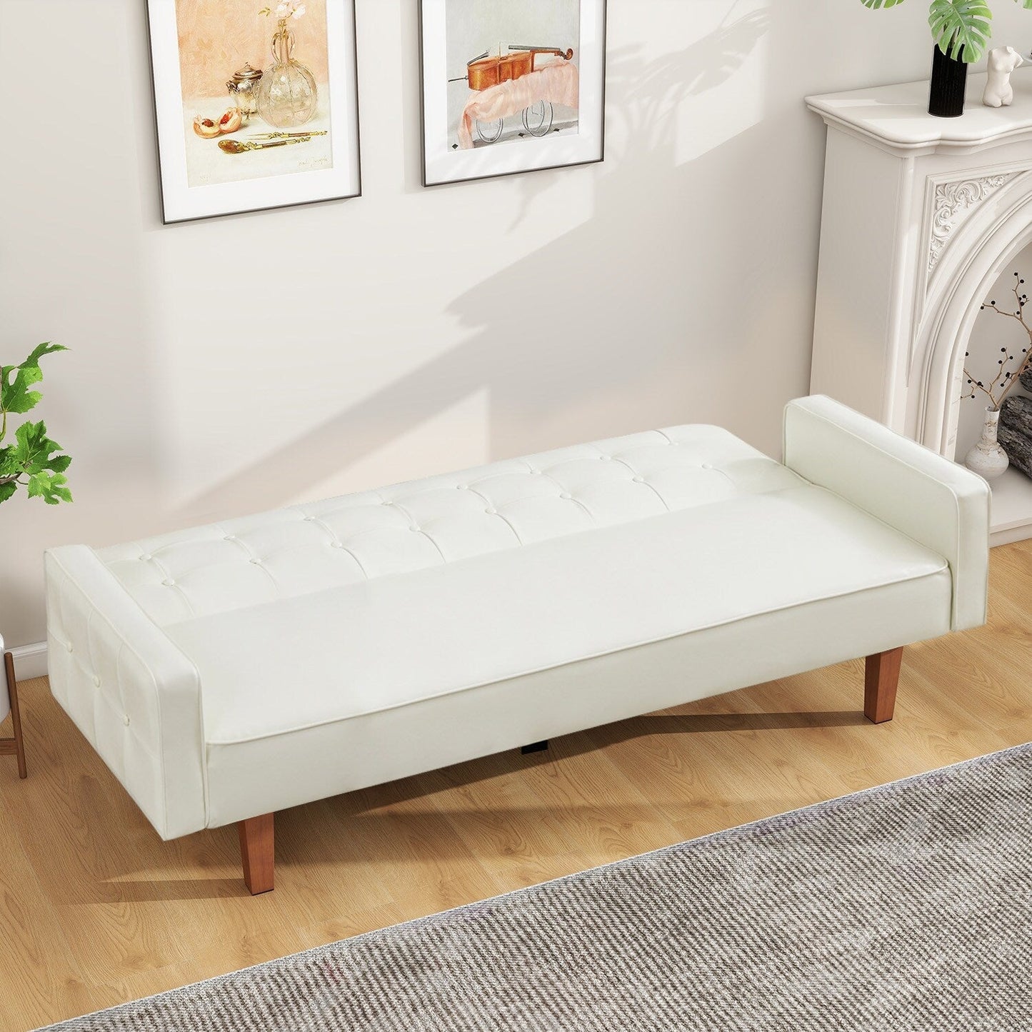 Divano letto futon in similpelle da 74" di metà secolo, divano trapuntato a bottoni, 3 posti, per soggiorno, camera da letto