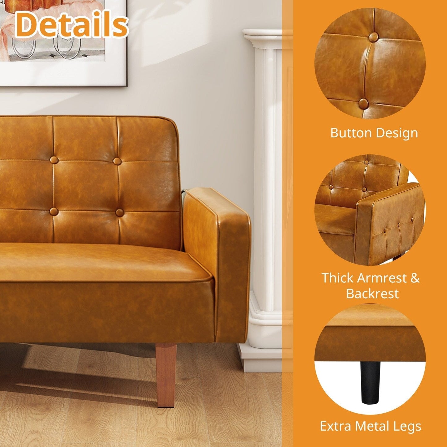 Divano letto futon in similpelle da 74" di metà secolo, divano trapuntato a bottoni, 3 posti, per soggiorno, camera da letto