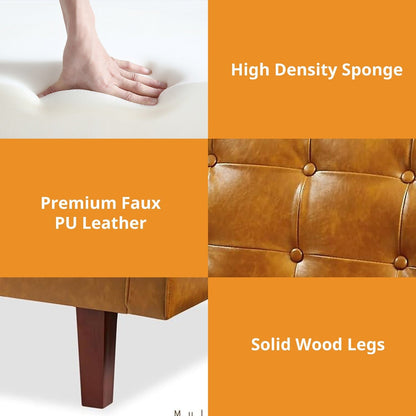 Divano letto futon in similpelle da 74" di metà secolo, divano trapuntato a bottoni, 3 posti, per soggiorno, camera da letto