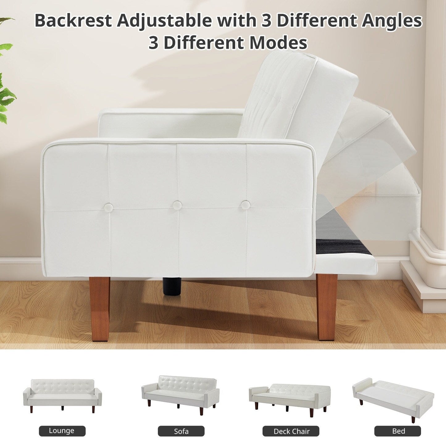 Divano letto futon in similpelle da 74" di metà secolo, divano trapuntato a bottoni, 3 posti, per soggiorno, camera da letto