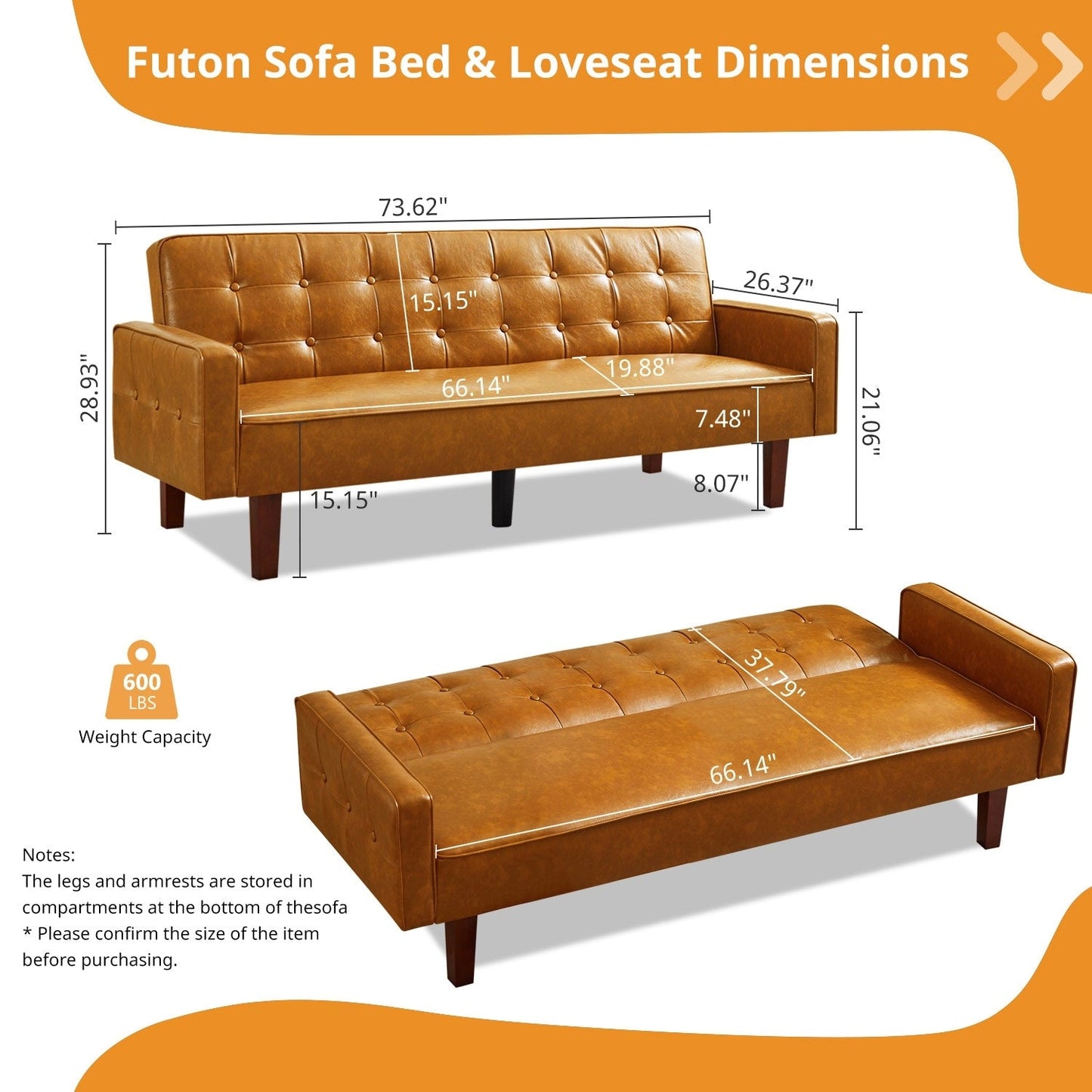 Divano letto futon in similpelle da 74" di metà secolo, divano trapuntato a bottoni, 3 posti, per soggiorno, camera da letto