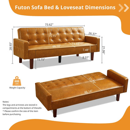 Divano letto futon in similpelle da 74" di metà secolo, divano trapuntato a bottoni, 3 posti, per soggiorno, camera da letto