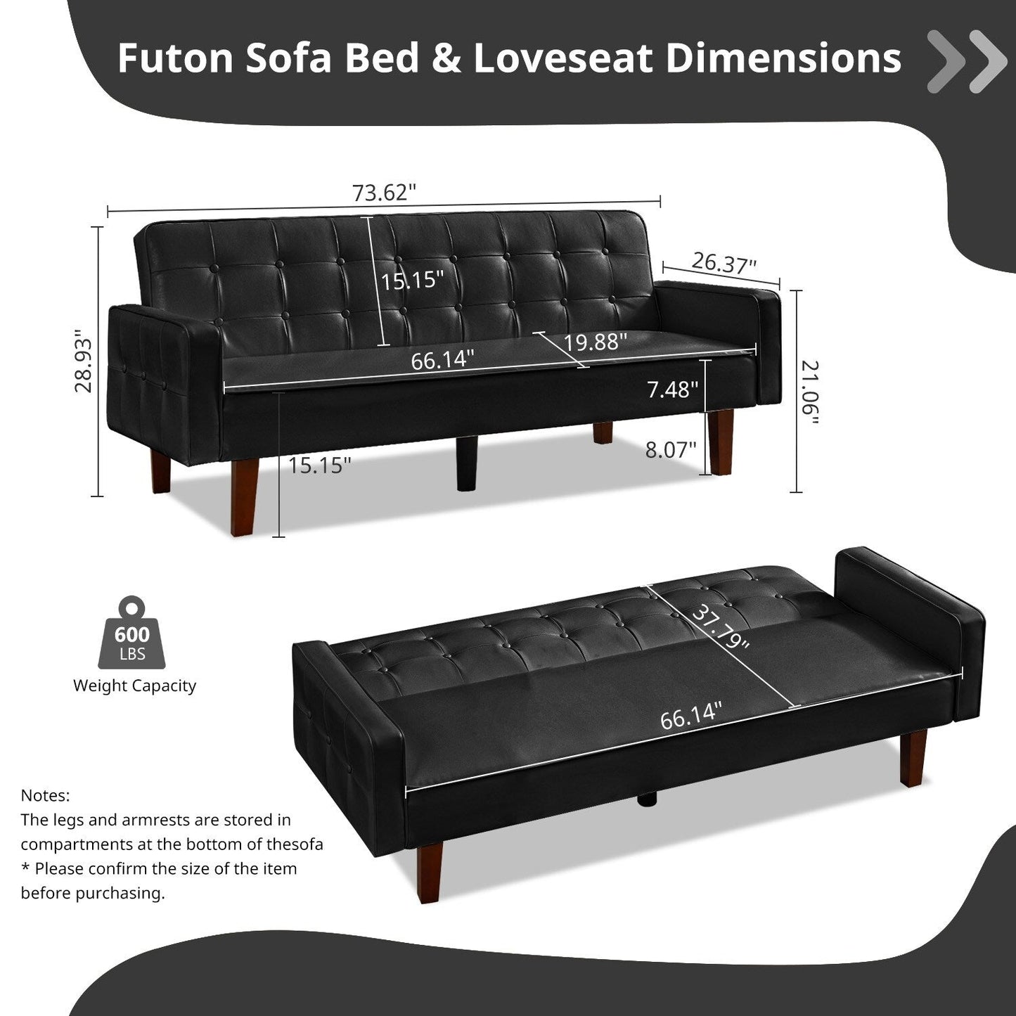 Divano letto futon in similpelle da 74" di metà secolo, divano trapuntato a bottoni, 3 posti, per soggiorno, camera da letto