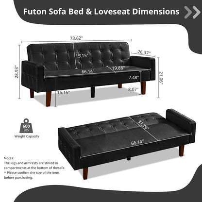 Divano letto futon in similpelle da 74" di metà secolo, divano trapuntato a bottoni, 3 posti, per soggiorno, camera da letto