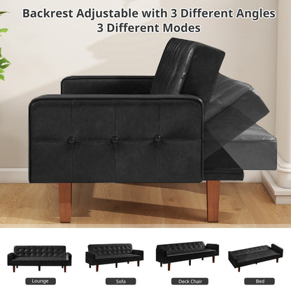 Divano letto futon in similpelle da 74" di metà secolo, divano trapuntato a bottoni, 3 posti, per soggiorno, camera da letto