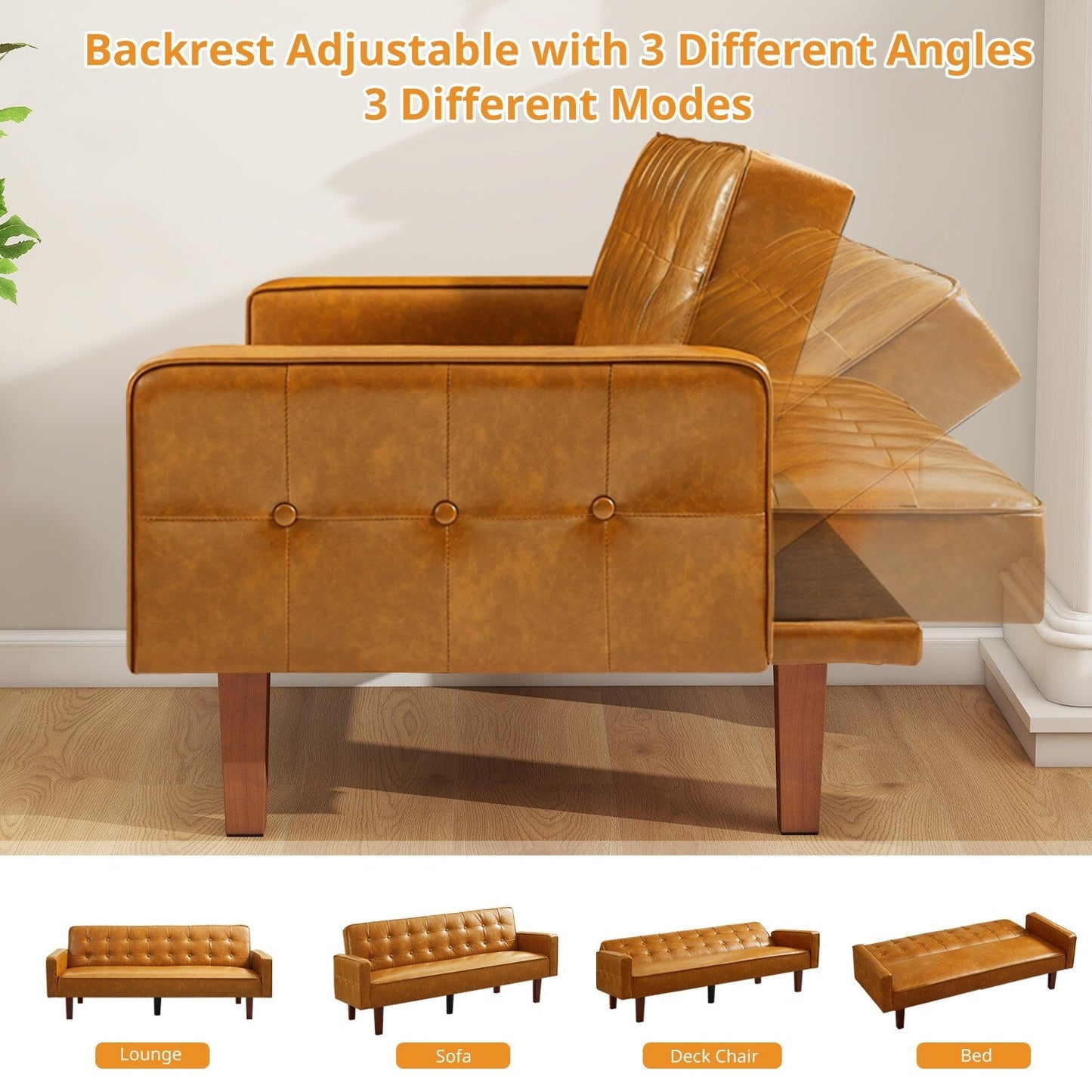 Divano letto futon in similpelle da 74" di metà secolo, divano trapuntato a bottoni, 3 posti, per soggiorno, camera da letto